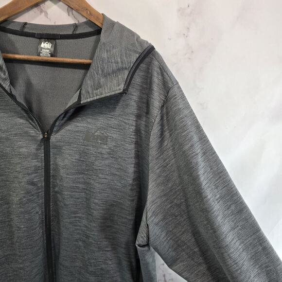 REI Jacket Mens XXL Gray Hooded Full Zip Lightweight Stretch Running Knit Jersey - Picture 10 of 11